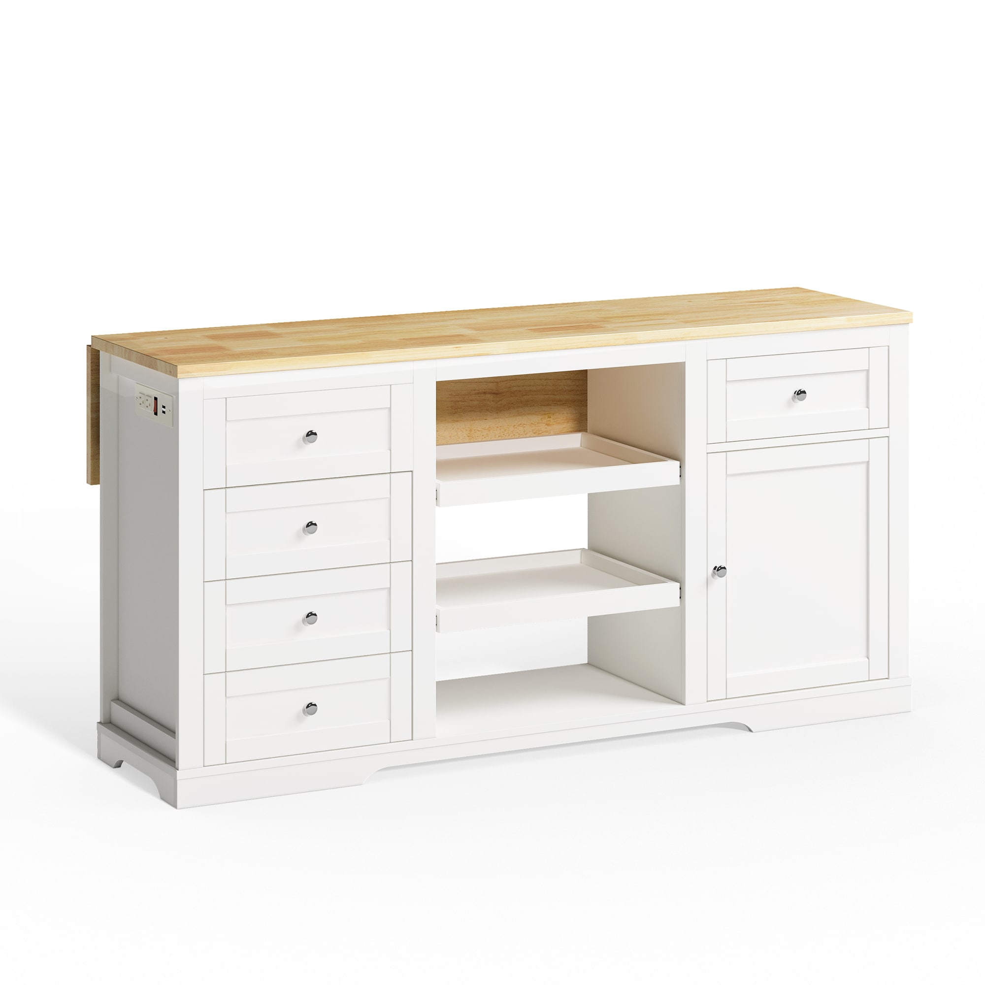 Kitchen Island With Storage Drop Leaf And Power Outlet White_voghion.com